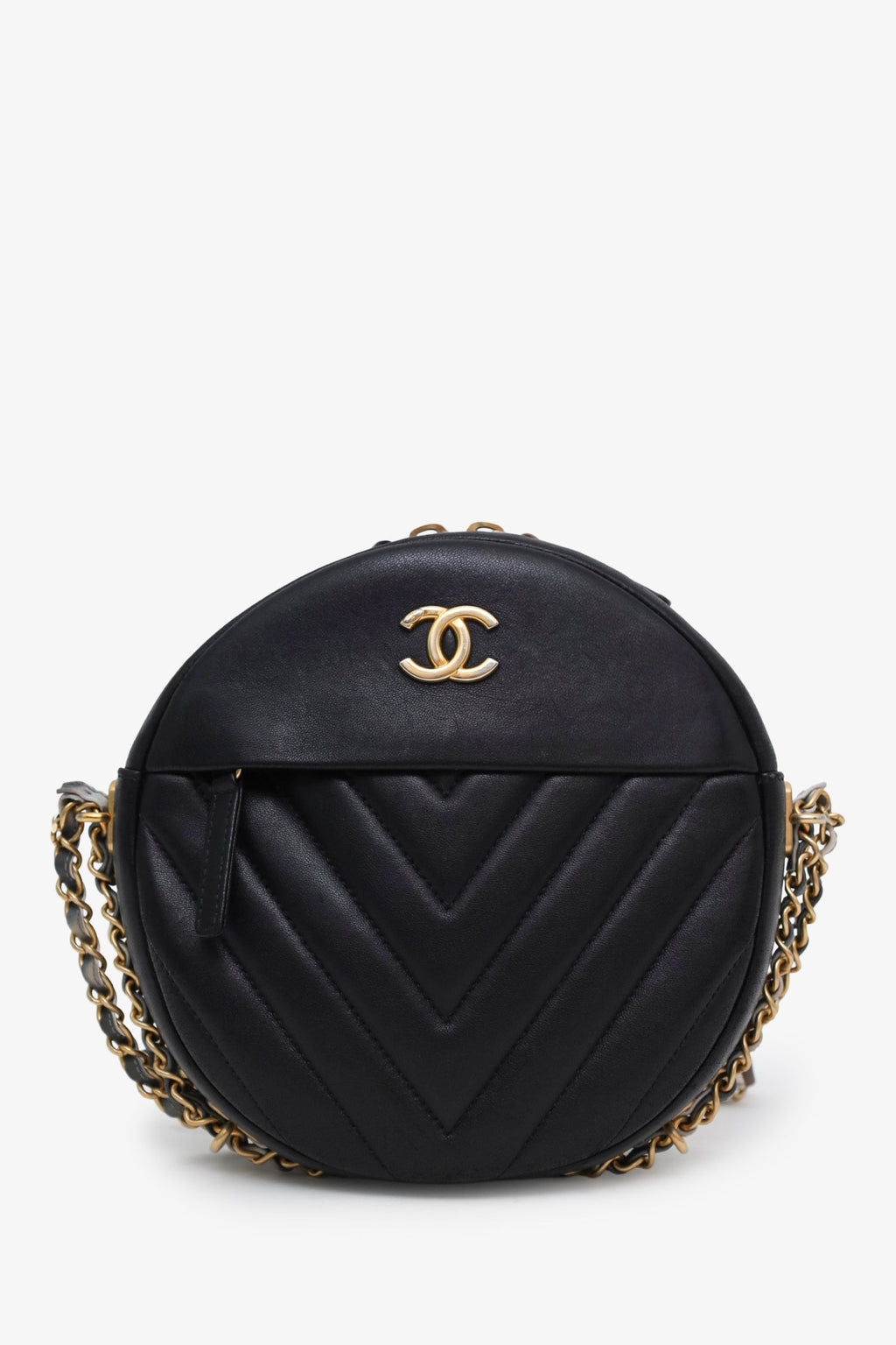 Chanel™ 2018 Black Chevron Leather Round As Earth Crossbody Bag