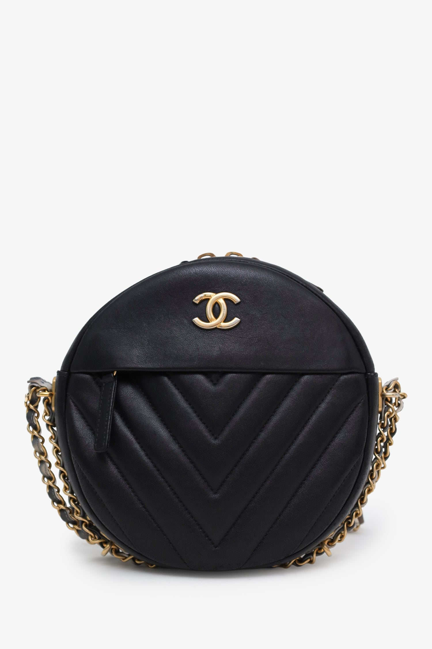 Chanel™ 2018 Black Chevron Leather Round As Earth Crossbody Bag