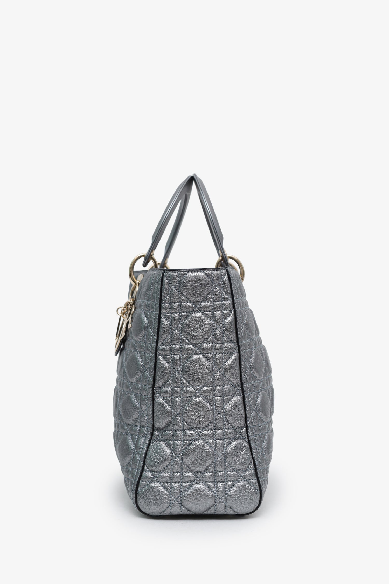 Christian Dior Silver Metallic Leather Large Lady Dior Bag With Strap