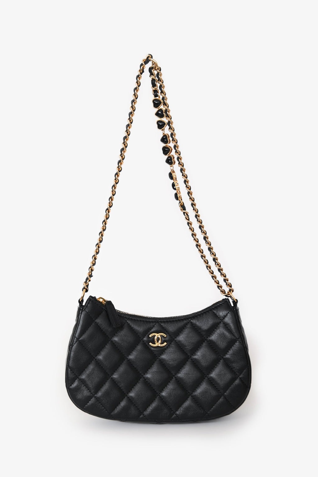 Chanel™ Black Quilted Lambskin Mini Hobo Shoulder Bag with Heart Chain GHW