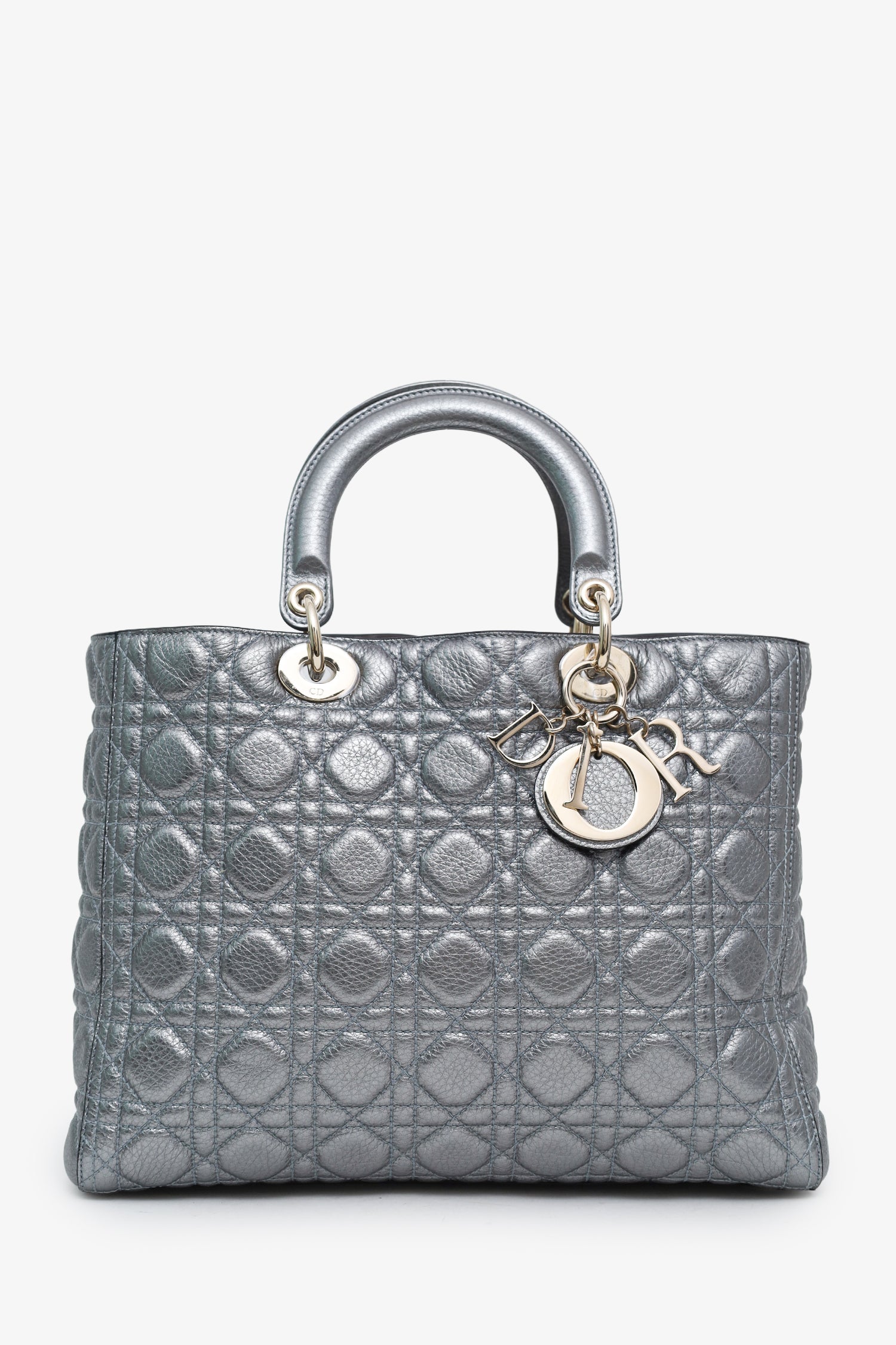Christian Dior Silver Metallic Leather Large Lady Dior Bag With Strap