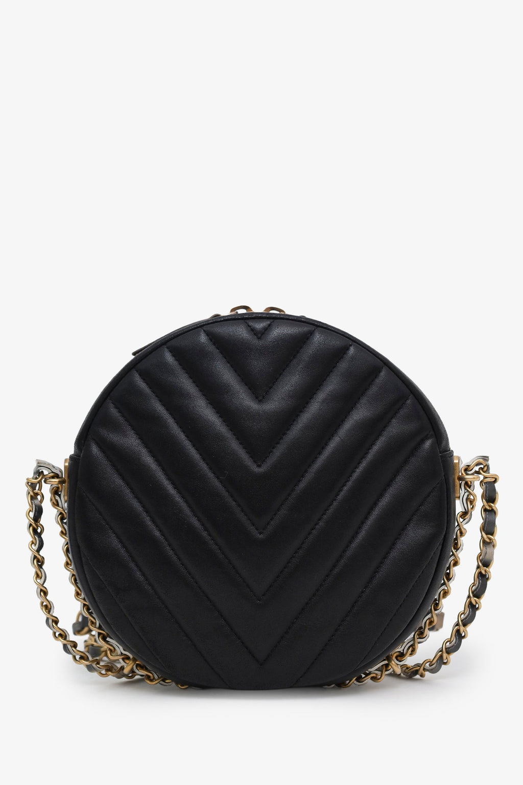 Chanel™ 2018 Black Chevron Leather Round As Earth Crossbody Bag