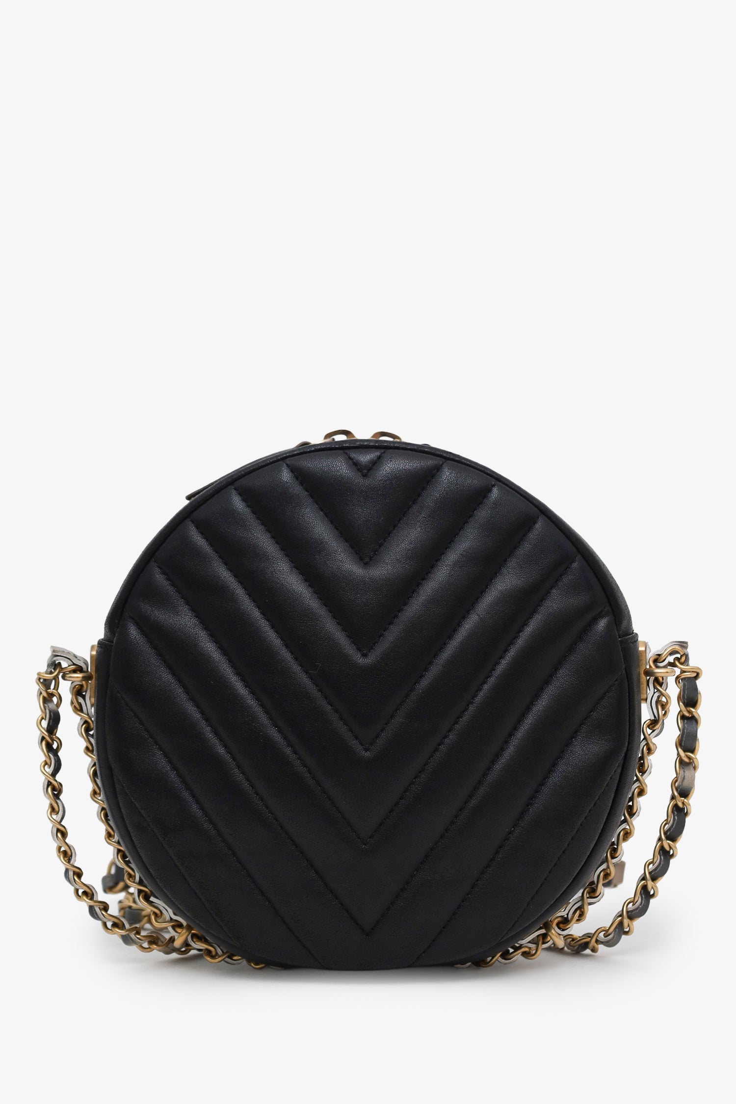 Chanel™ 2018 Black Chevron Leather Round As Earth Crossbody Bag