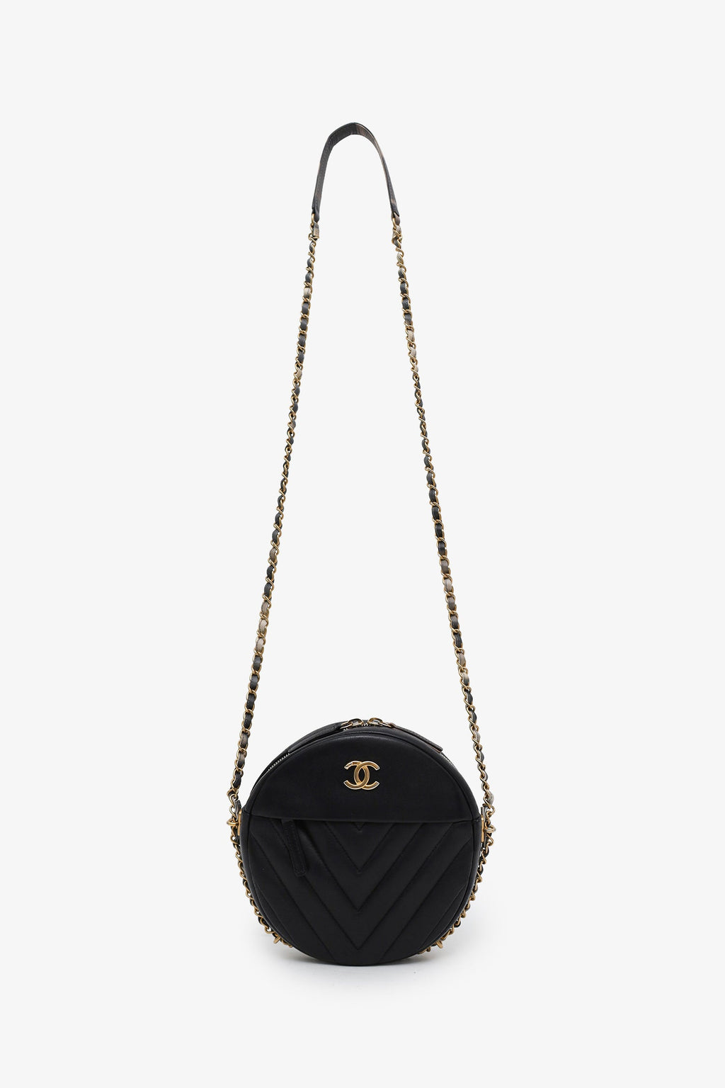 Chanel™ 2018 Black Chevron Leather Round As Earth Crossbody Bag