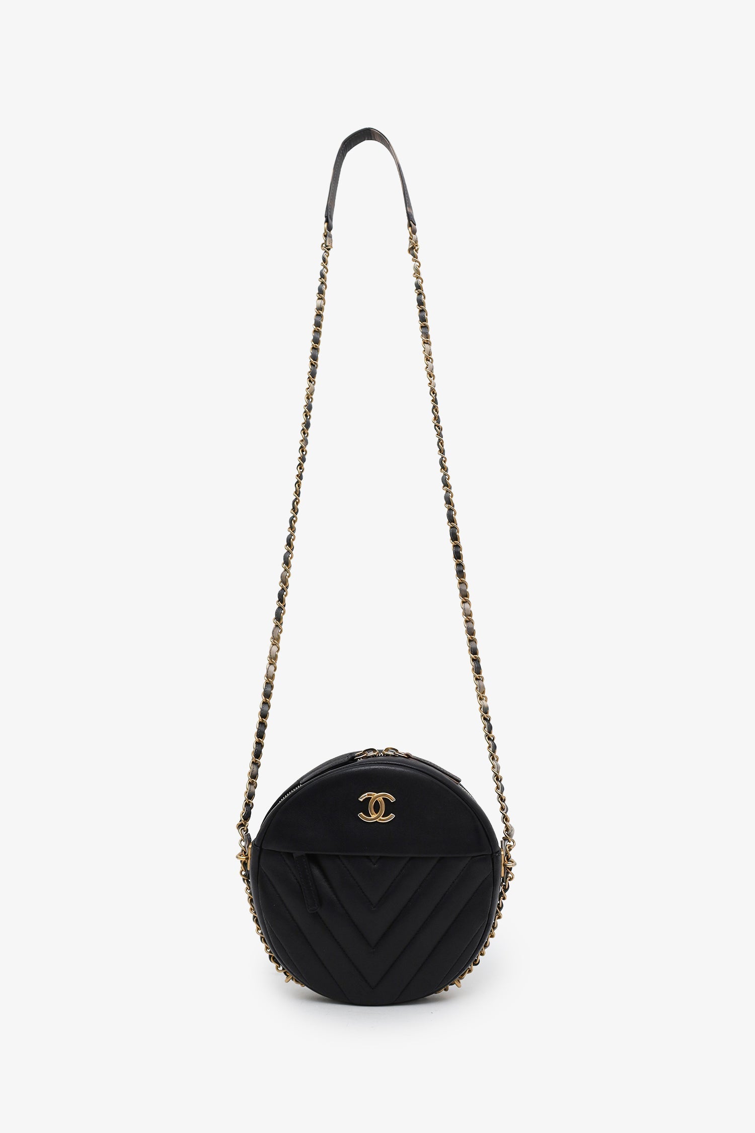 Chanel™ 2018 Black Chevron Leather Round As Earth Crossbody Bag