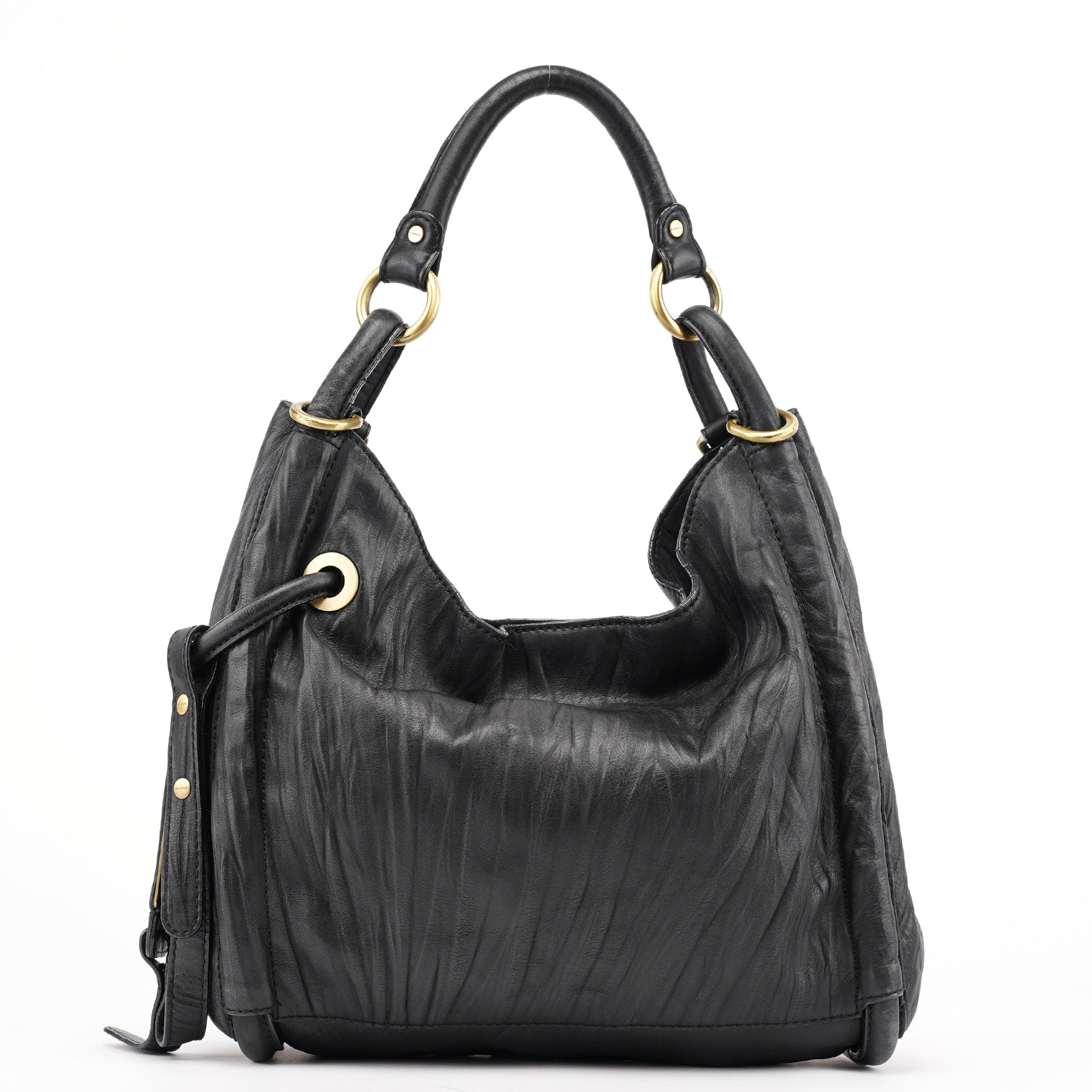Black Calfskin Hobo Shoulder Bag