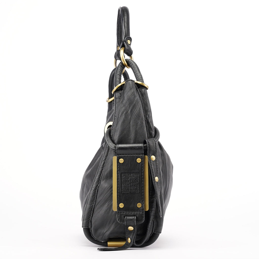 Black Calfskin Hobo Shoulder Bag