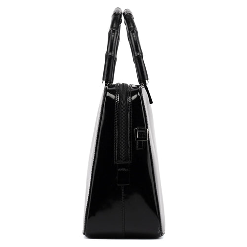 000 0828 Black Leather Bamboo 2-Way Tote Bag