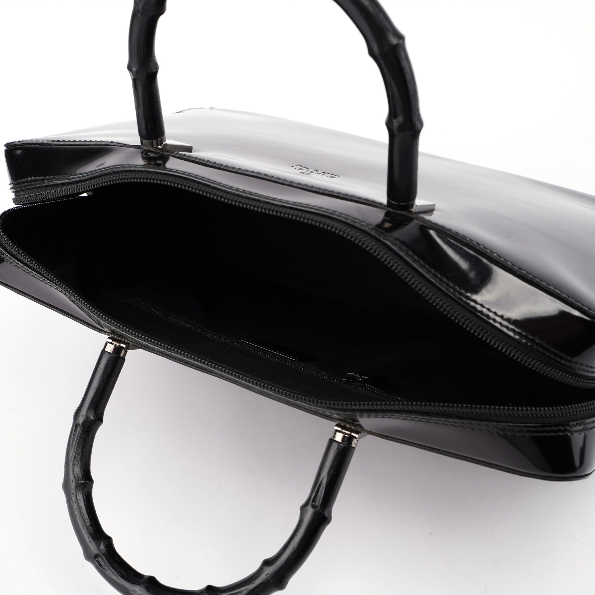 000 0829 Black Patent Leather Bamboo Tote