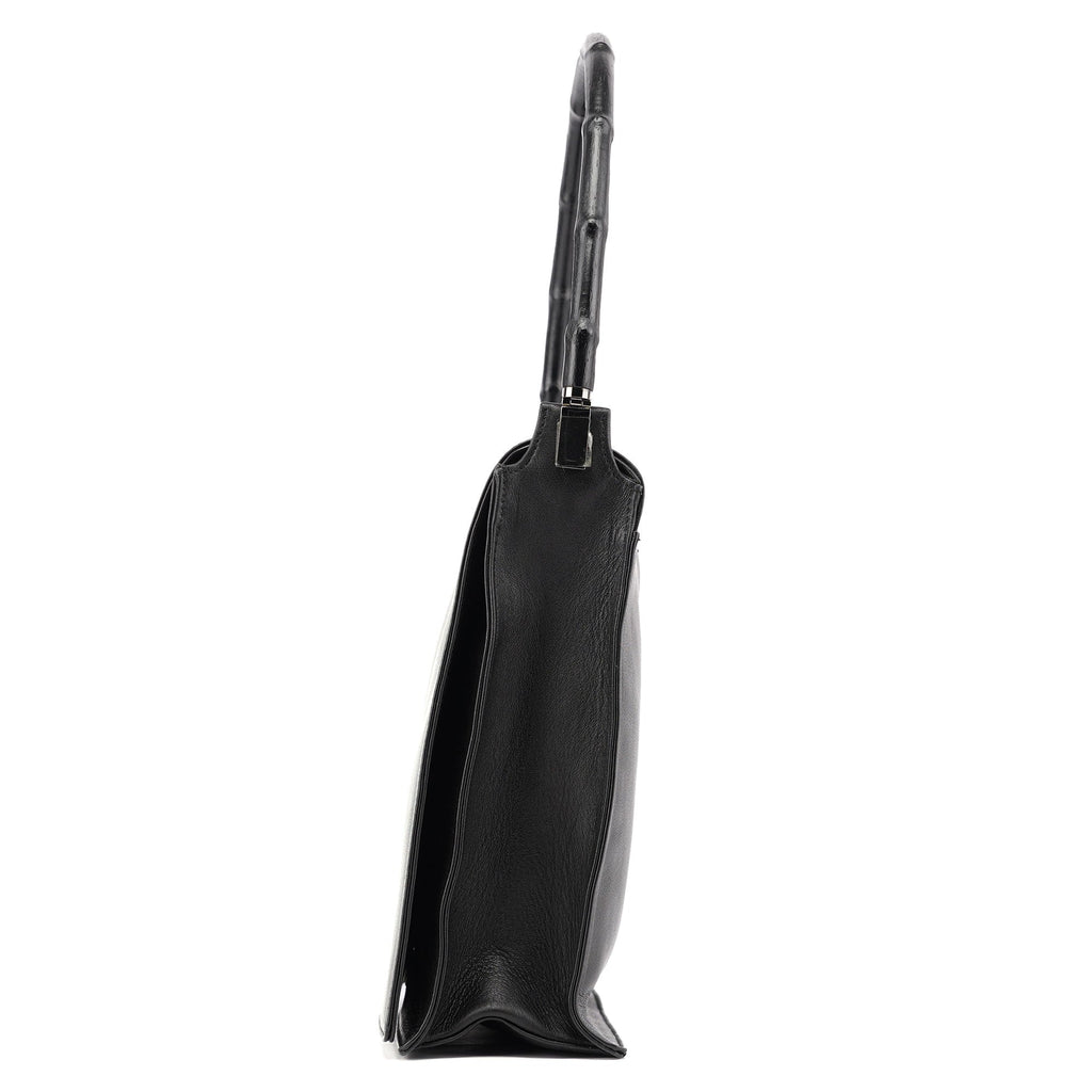 001 3243 Black Calfskin Bamboo Flap Shoulder Bag