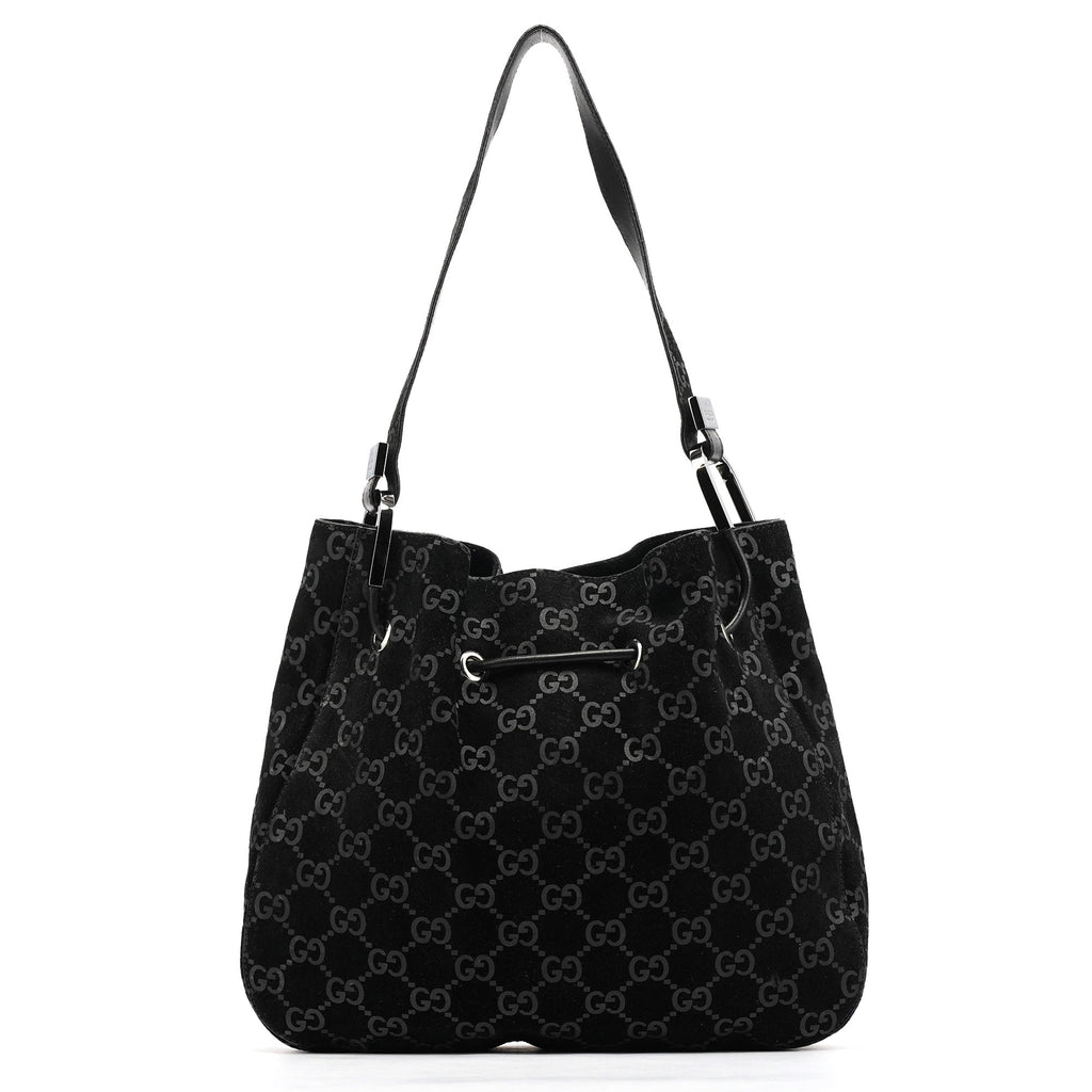 1997 Black GG Suede Drawstring Shoulder Bag