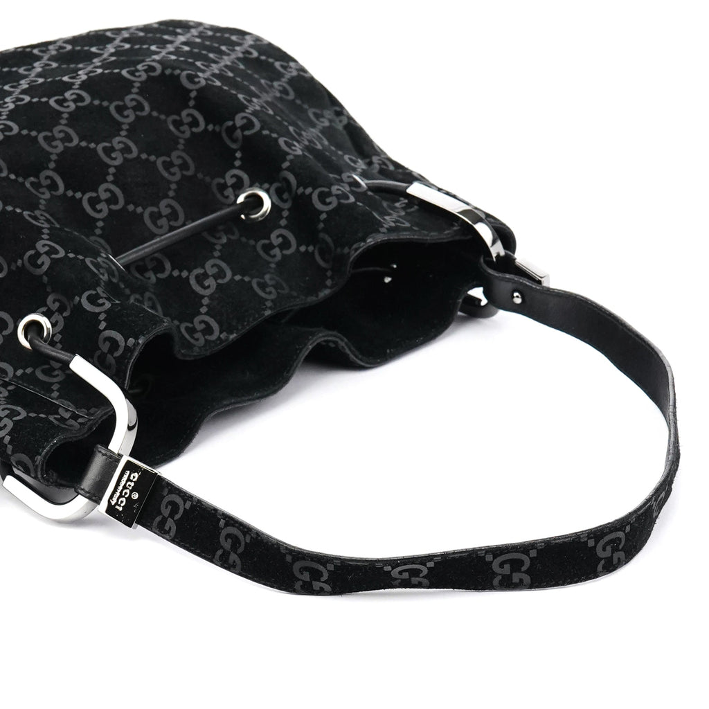 1997 Black GG Suede Drawstring Shoulder Bag