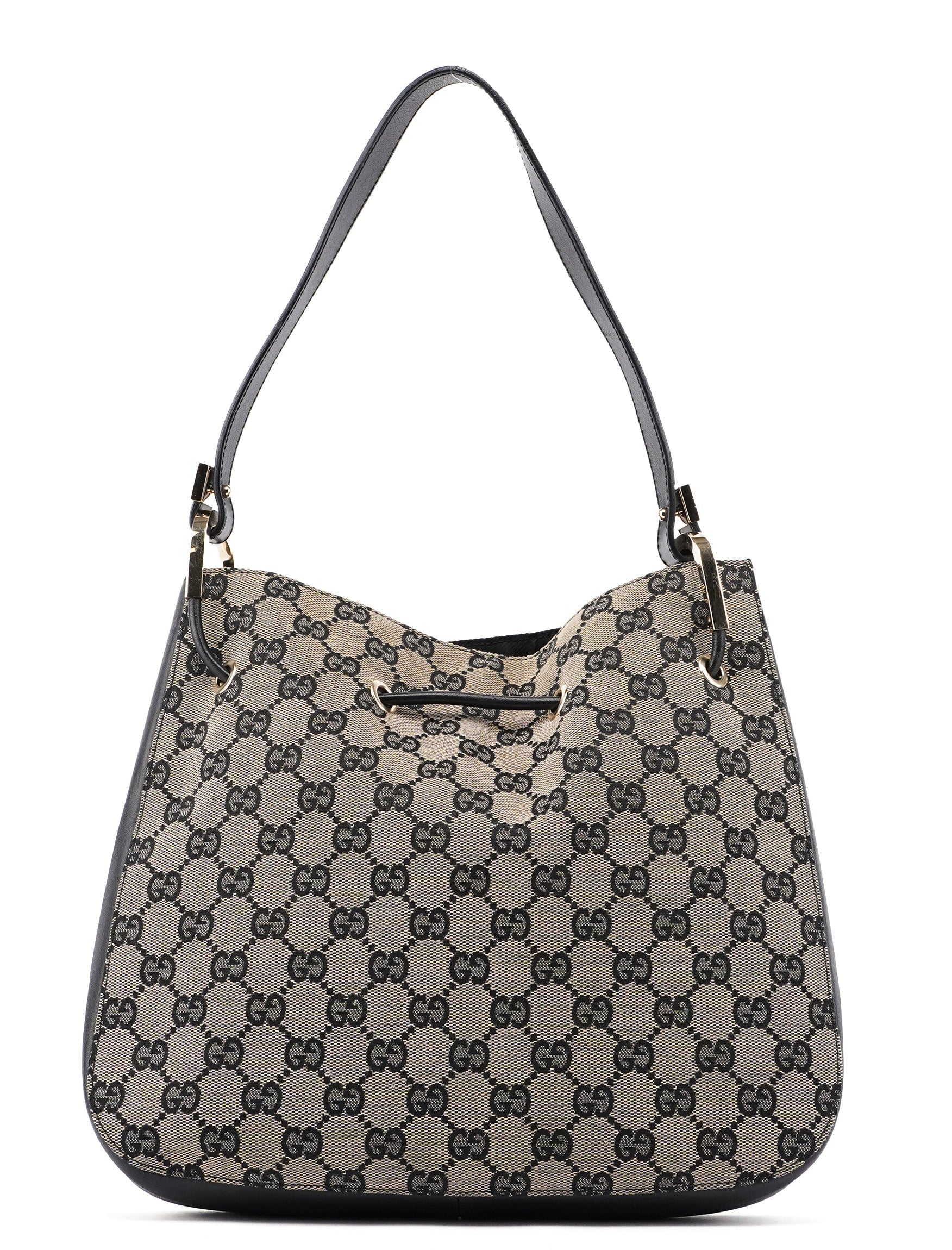 001 3748 Beige Black GG Drawstring Shoulder Bag
