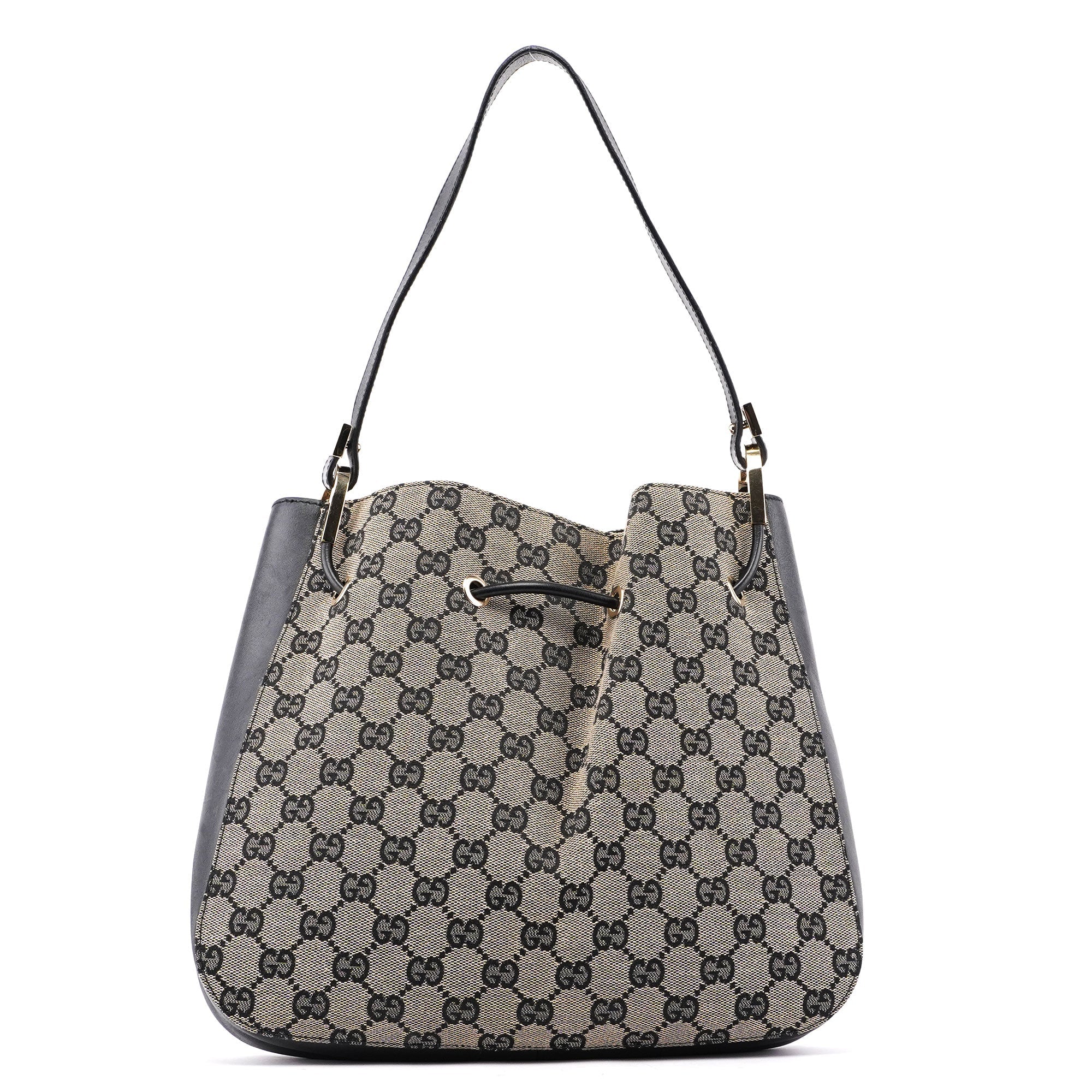 001 3748 Beige Black GG Drawstring Shoulder Bag