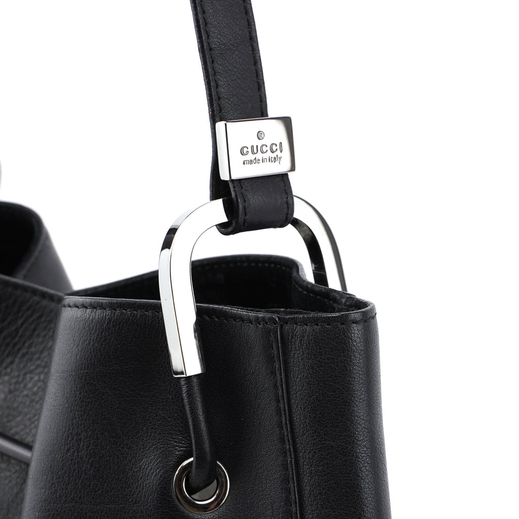 001 3748 Black Calfskin Drawstring Shoulder Bag