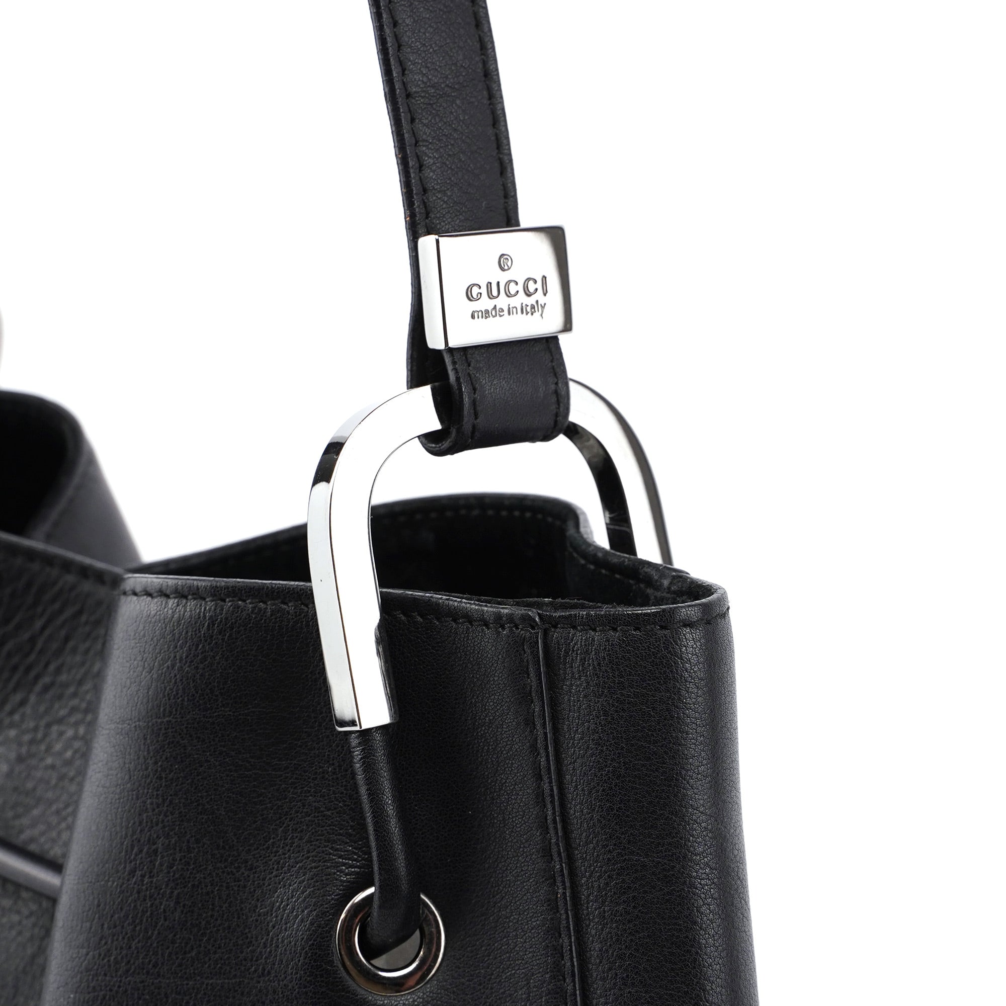 001 3748 Black Calfskin Drawstring Shoulder Bag