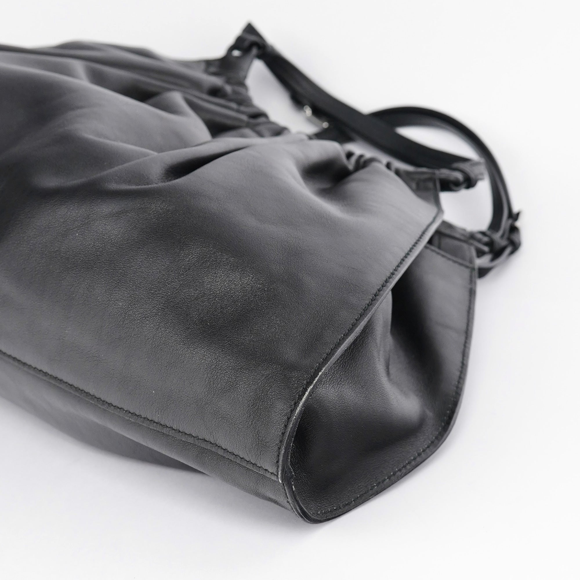 001 4335 Black Calfskin Ruched Tote Bag