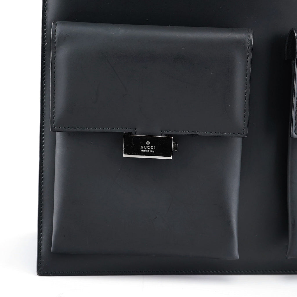 002 1021 Matte Black Leather Dual Pocket Tote Bag