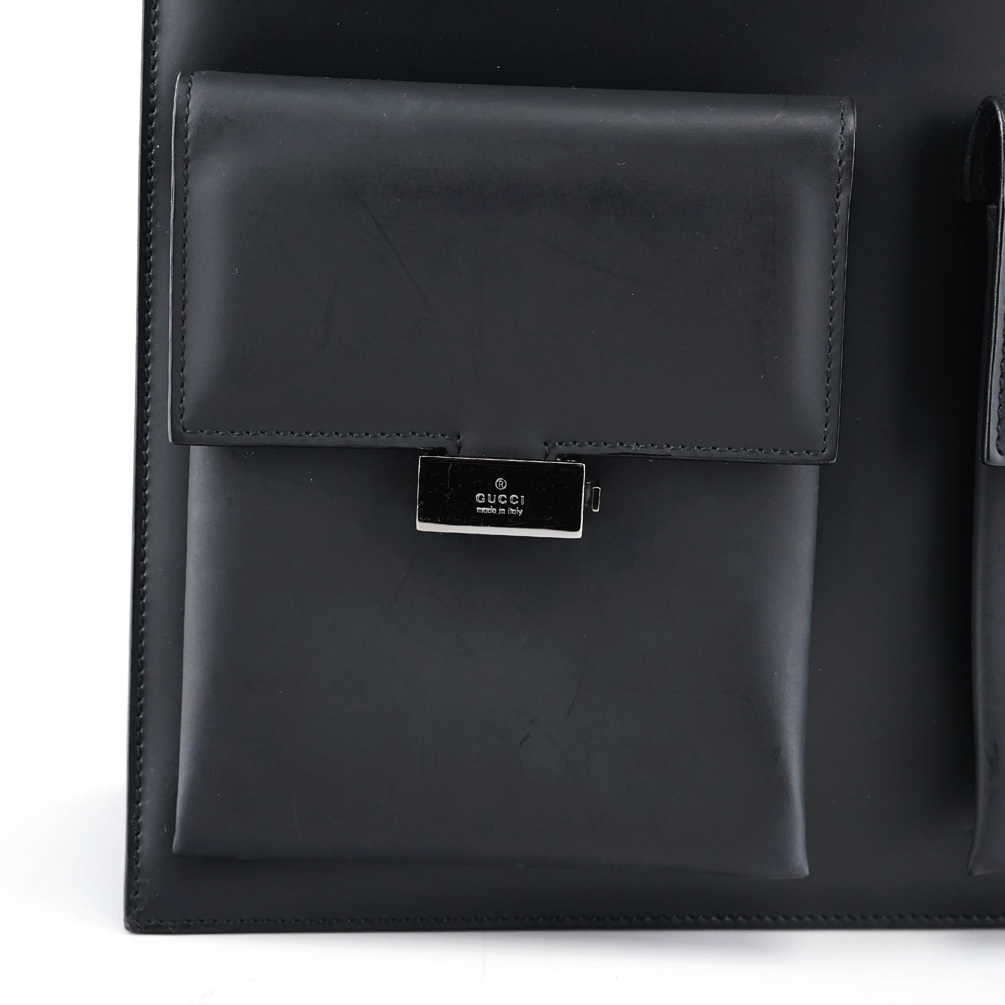 002 1021 Matte Black Leather Dual Pocket Tote Bag