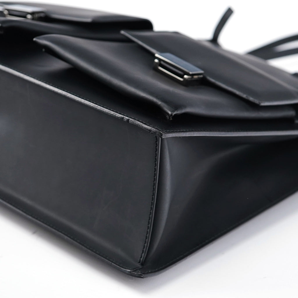 002 1021 Matte Black Leather Dual Pocket Tote Bag