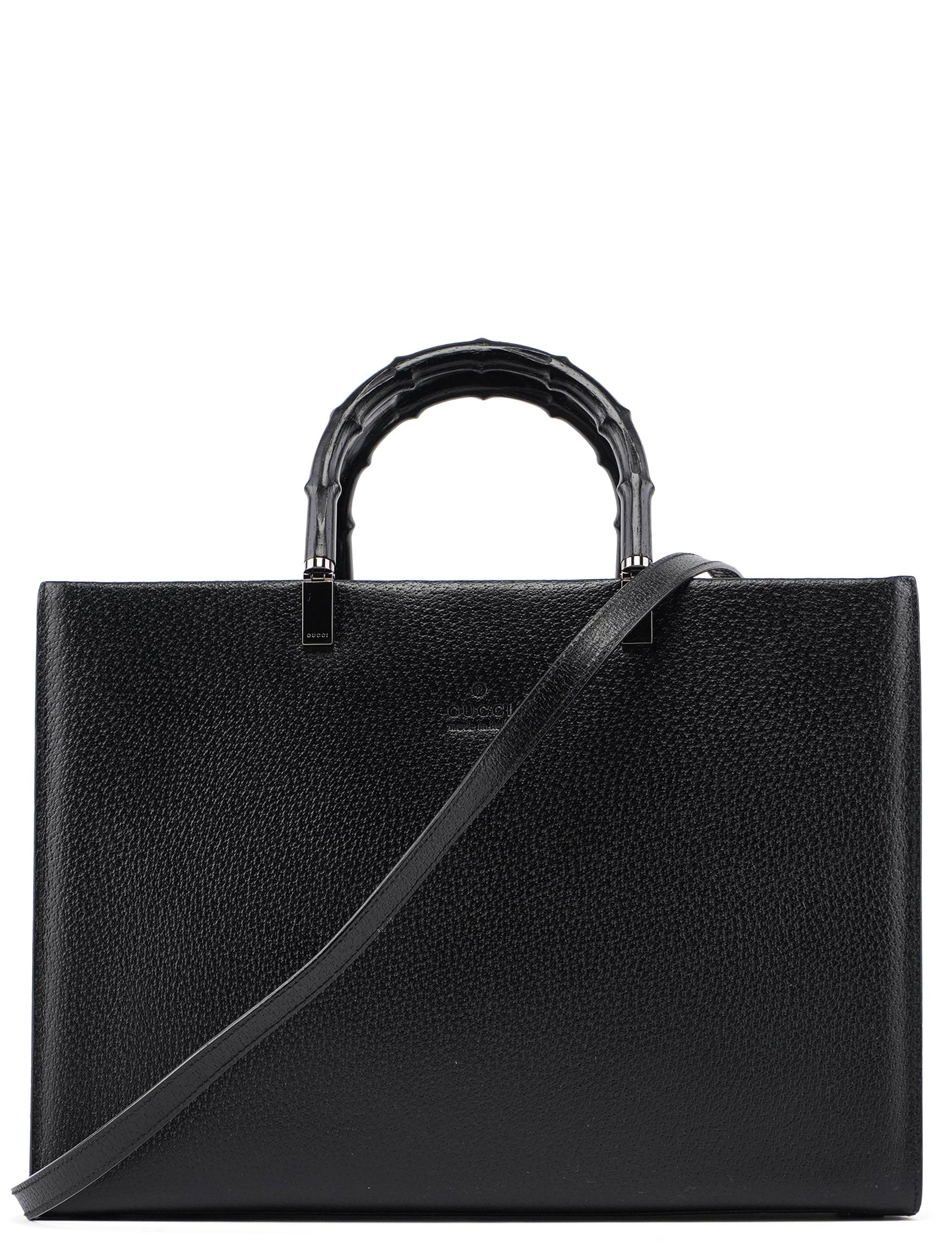 002 1034 Black Leather Bamboo 2-Way Tote Bag
