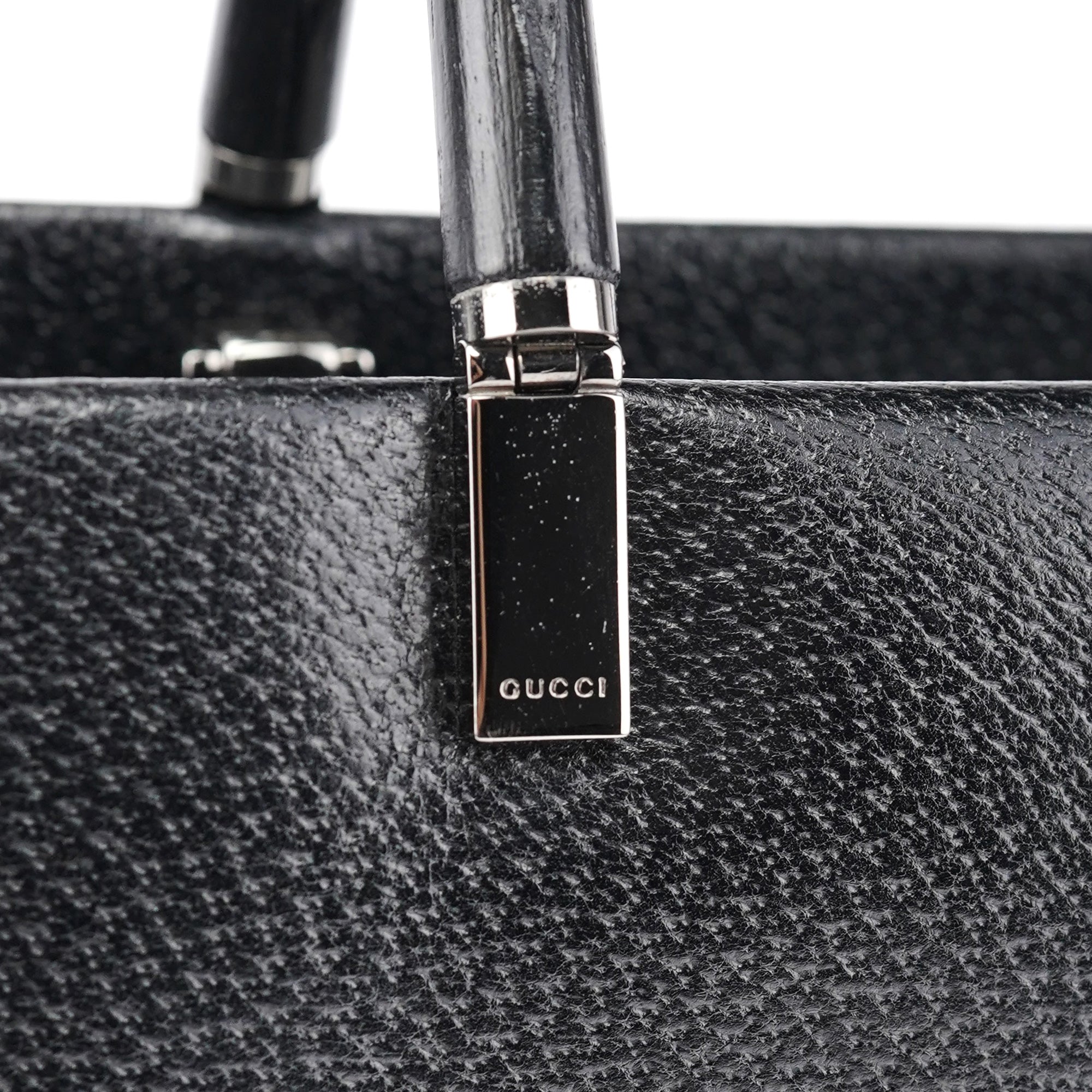 002 1034 Black Leather Bamboo Tote Bag