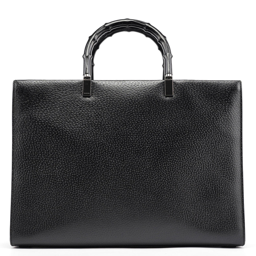 002 1034 Black Leather Bamboo Tote Bag