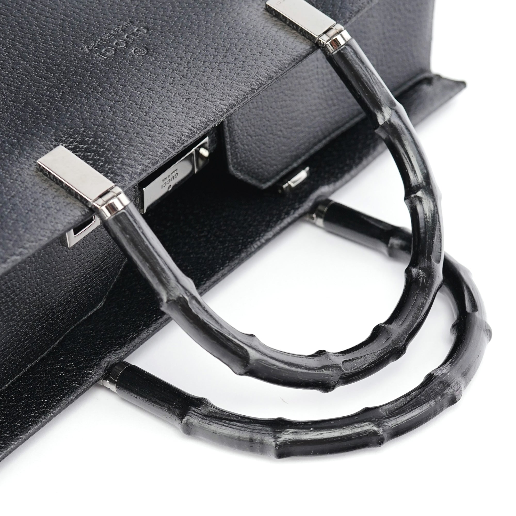 002 1034 Black Leather Bamboo Tote Bag