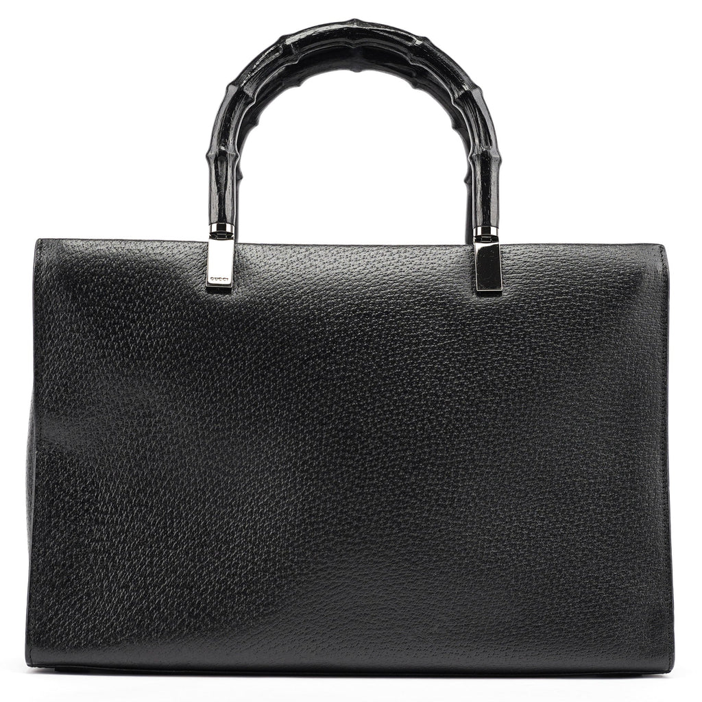 002 1035 Black Leather Bamboo 2-Way Tote Bag