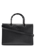 002 1035 Black Leather Bamboo 2-Way Tote Bag