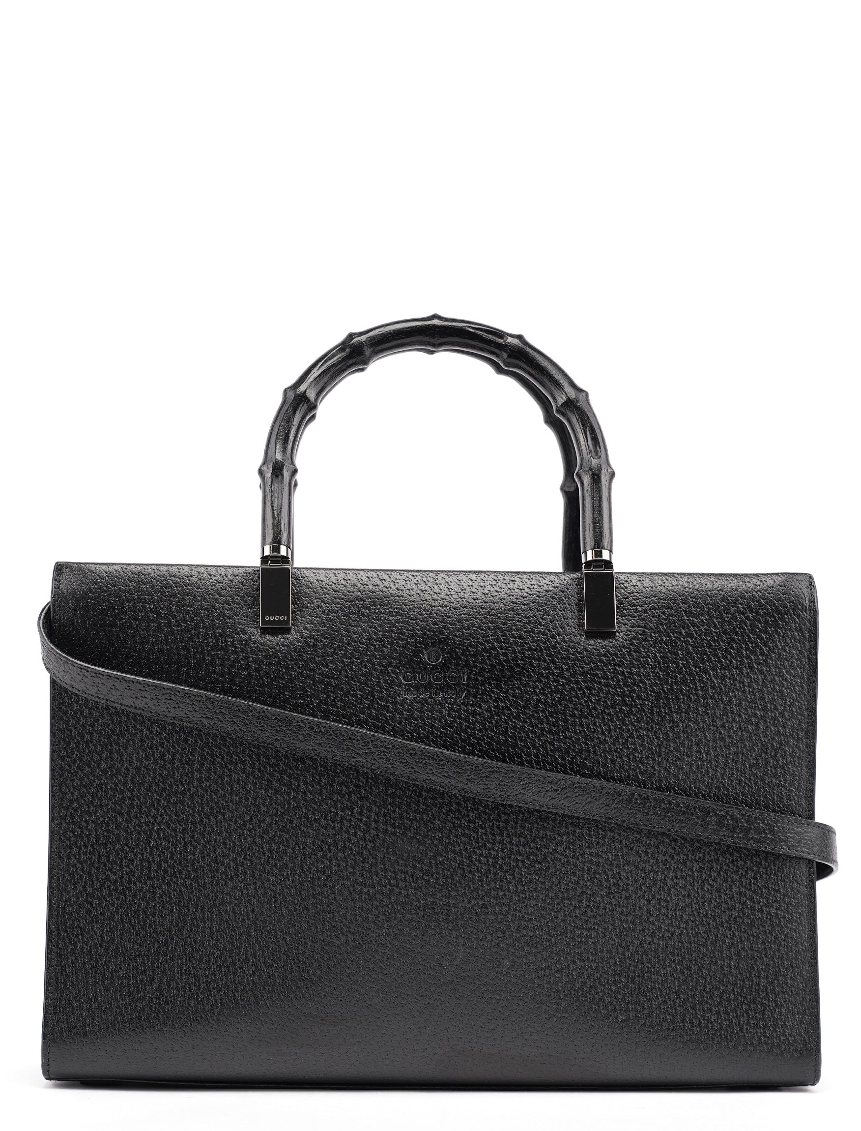 002 1035 Black Leather Bamboo 2-Way Tote Bag
