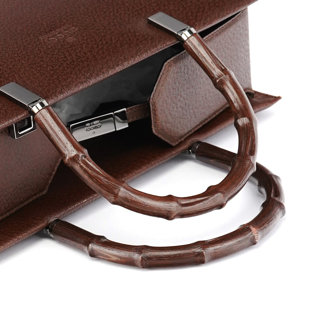 002 1035 Brown Leather Bamboo 2-Way Tote Bag