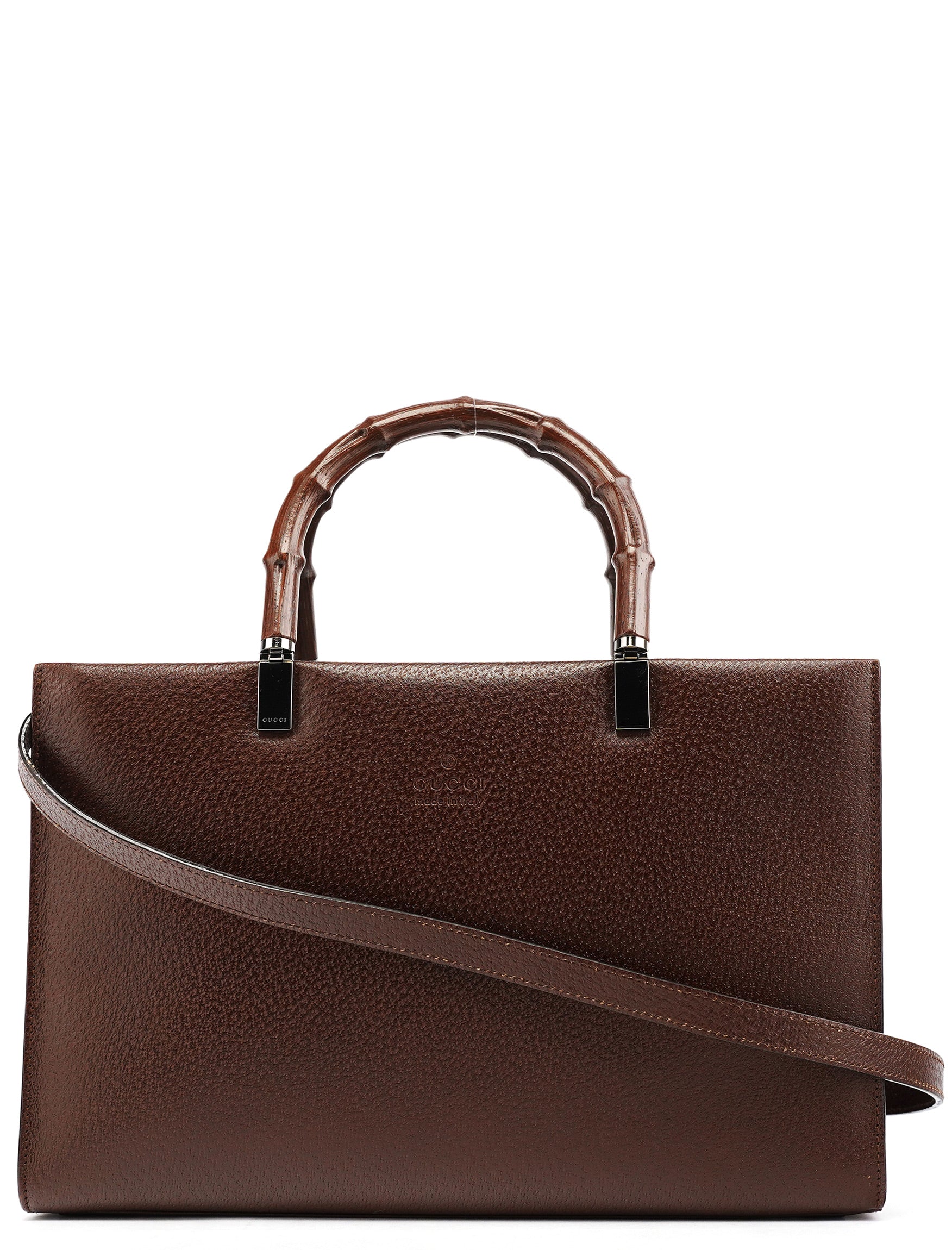002 1035 Brown Leather Bamboo 2-Way Tote Bag