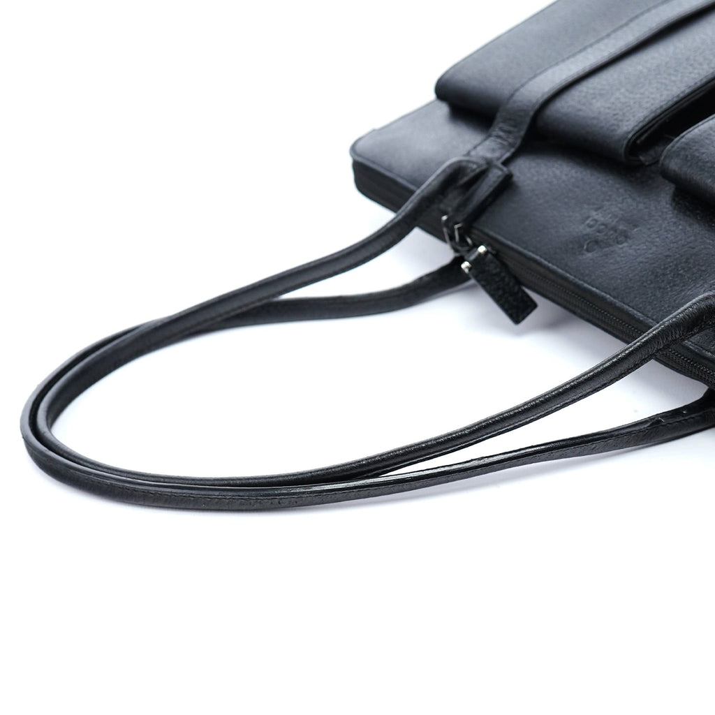 002 1045 Black Leather Dual Pocket Tote