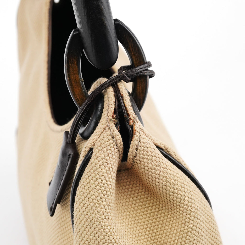 106495 Beige Canvas Wood Handle Shoulder Bag