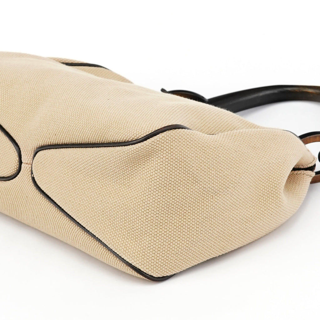 106495 Beige Canvas Wood Handle Shoulder Bag