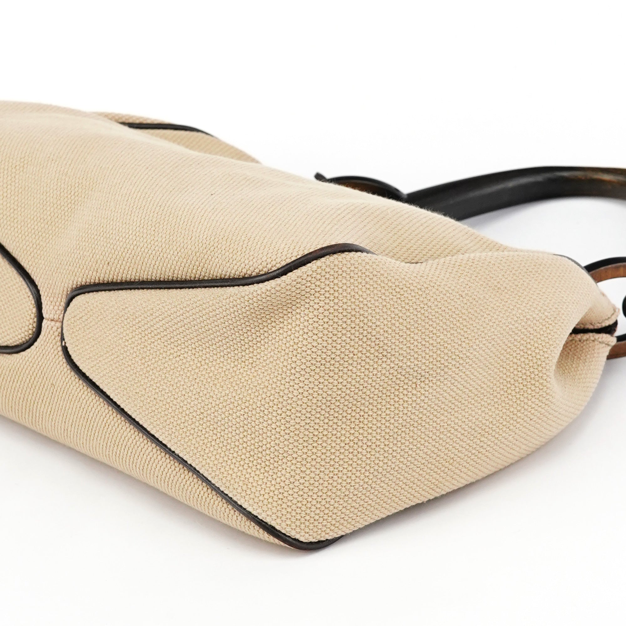 106495 Beige Canvas Wood Handle Shoulder Bag