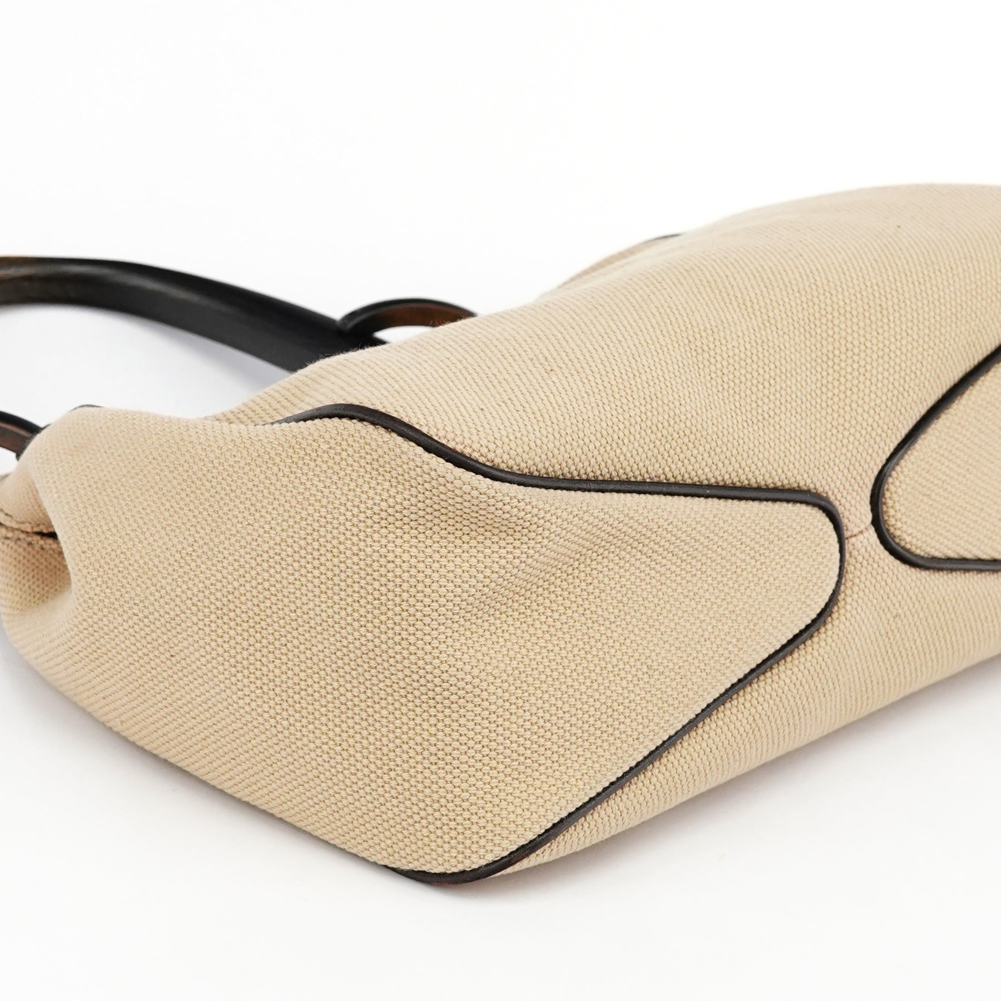 106495 Beige Canvas Wood Handle Shoulder Bag