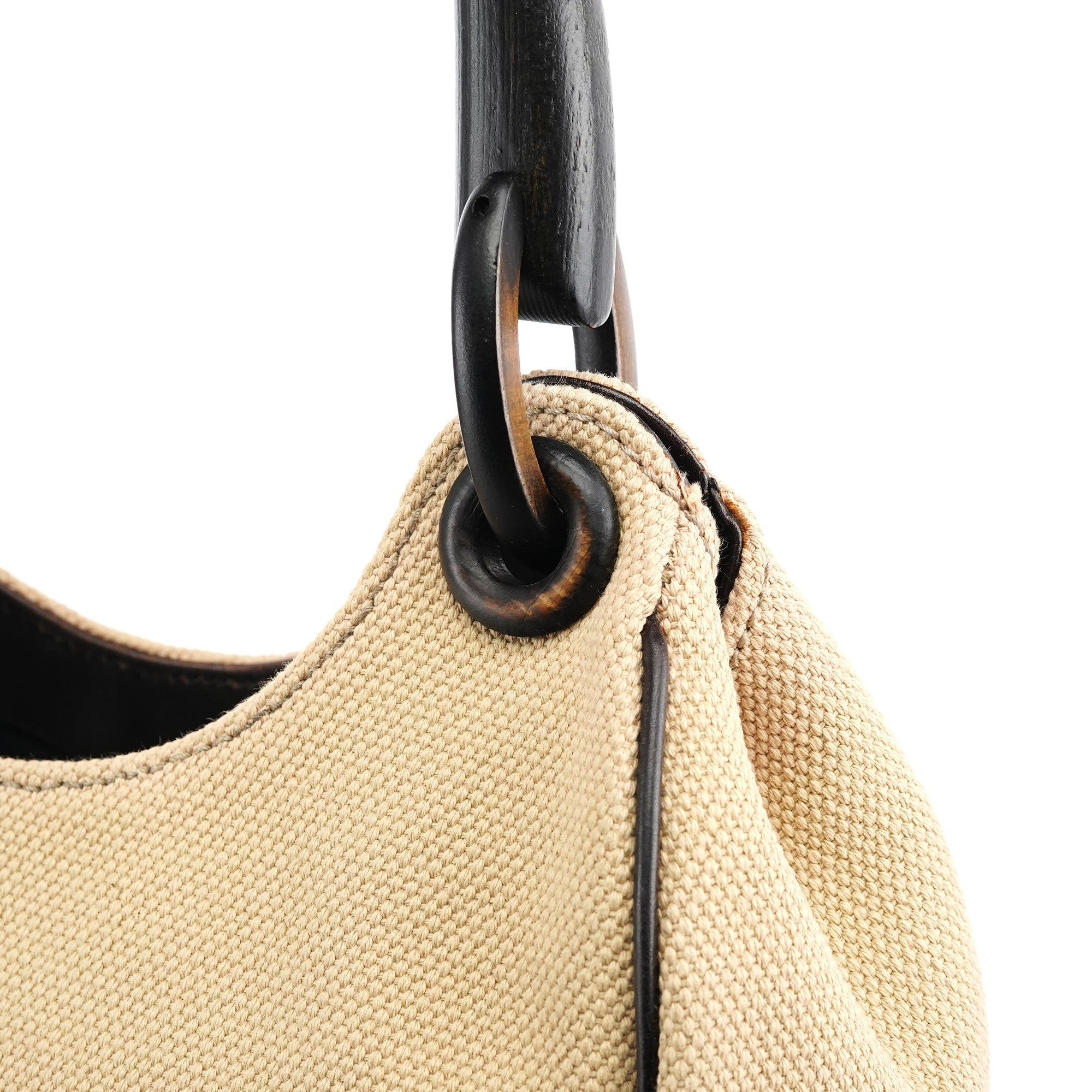 106495 Beige Canvas Wood Handle Shoulder Bag
