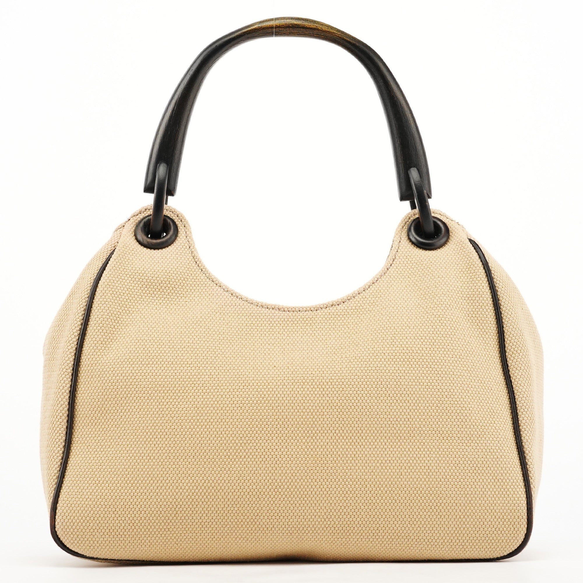 106495 Beige Canvas Wood Handle Shoulder Bag
