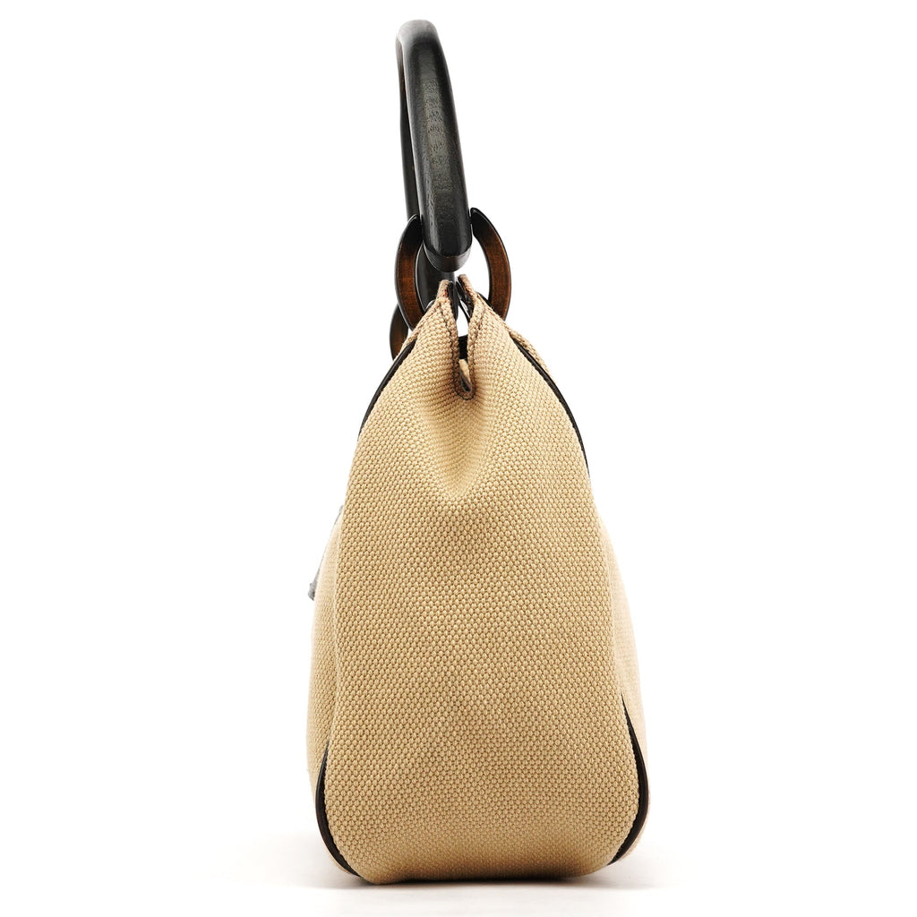 106495 Beige Canvas Wood Handle Shoulder Bag