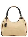 106495 Beige Canvas Wood Handle Shoulder Bag