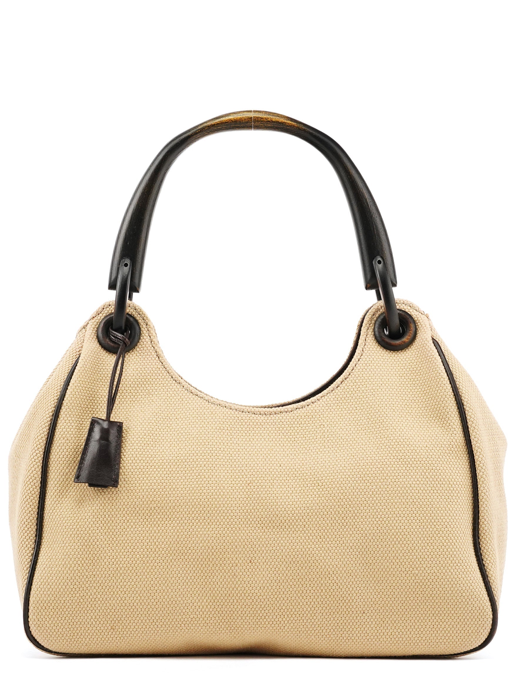 106495 Beige Canvas Wood Handle Shoulder Bag
