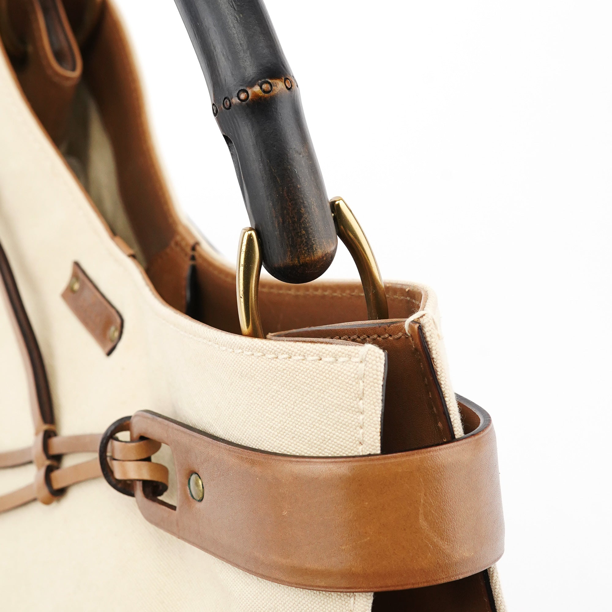 109136 Beige Canvas Bamboo Top Handle Bag
