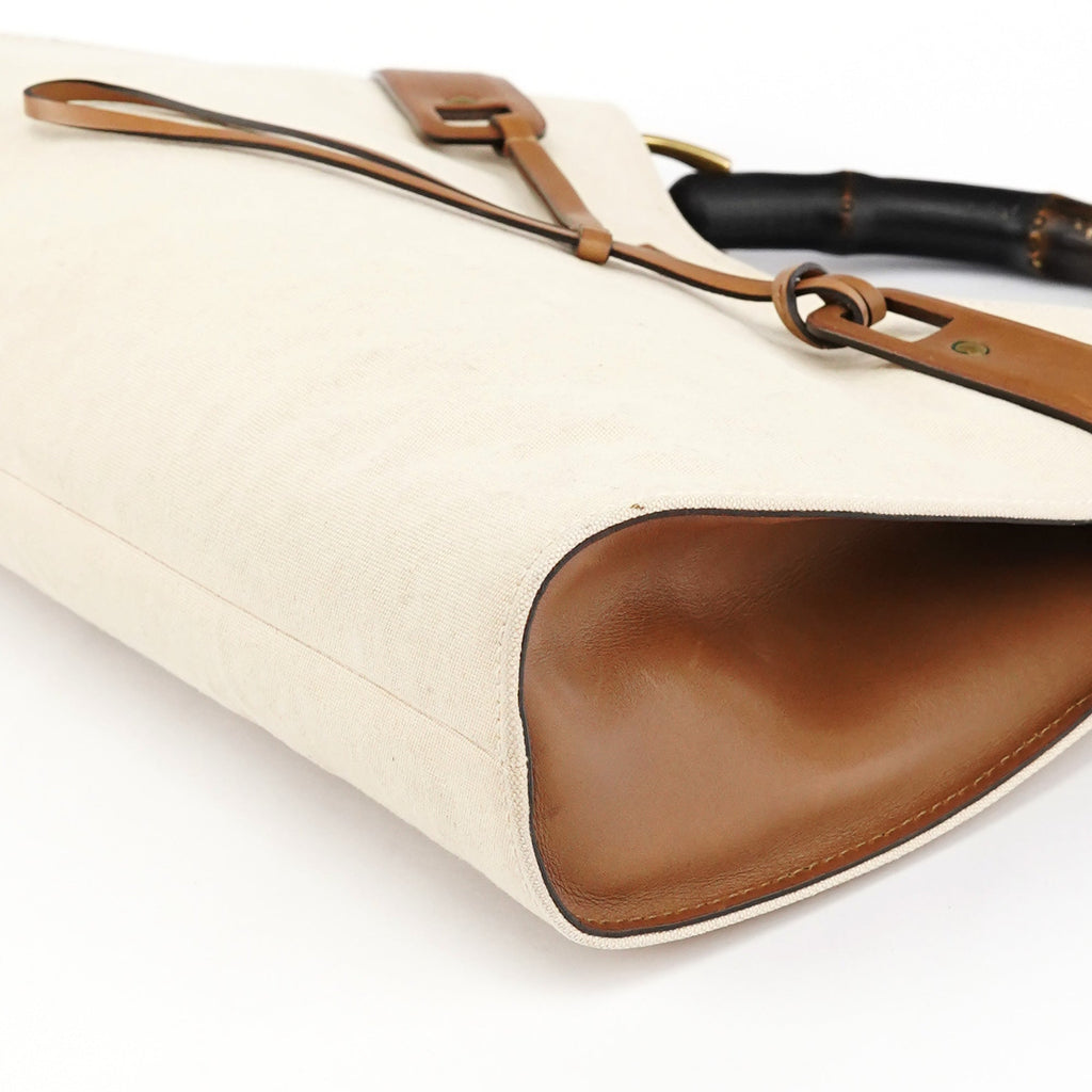 109136 Beige Canvas Bamboo Top Handle Bag