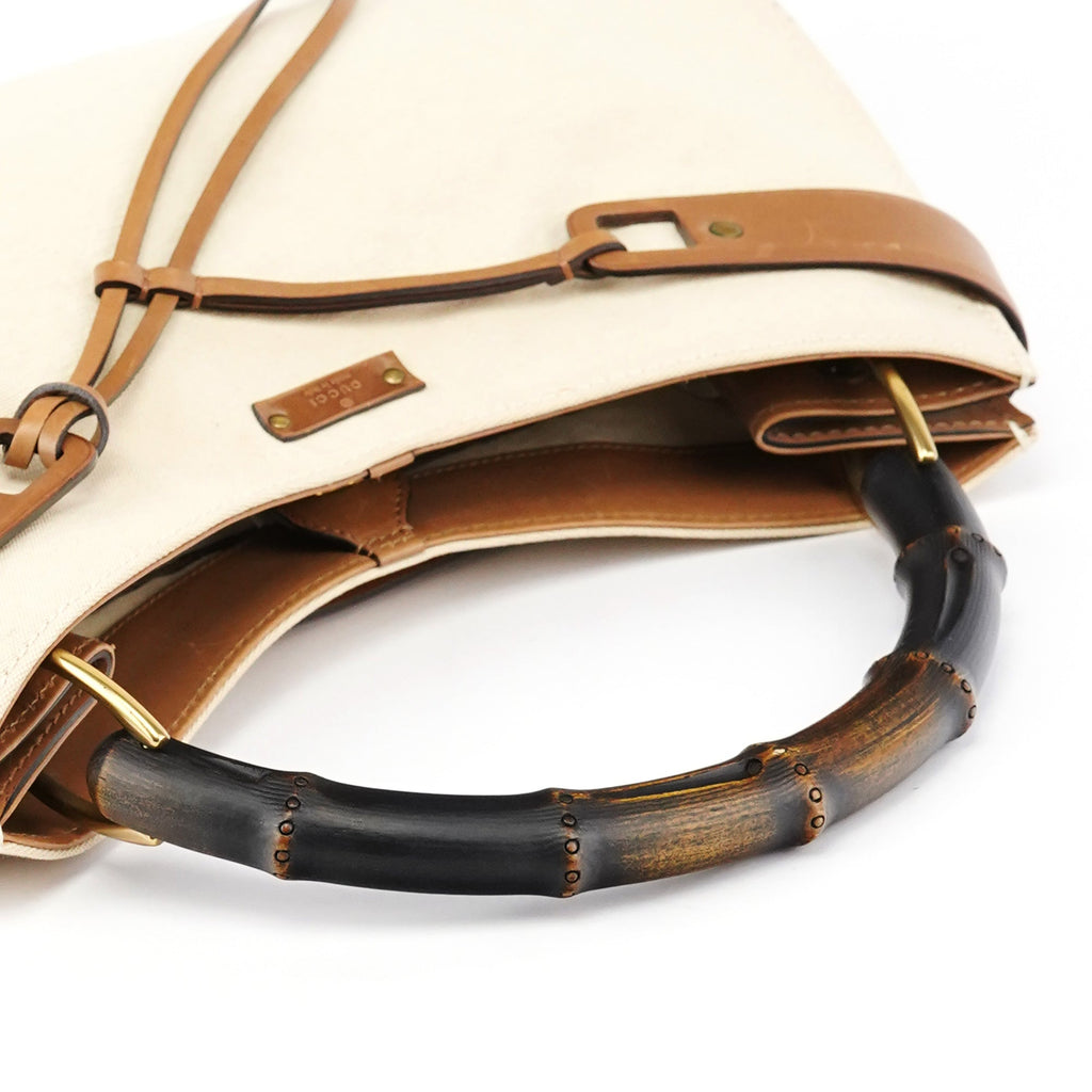 109136 Beige Canvas Bamboo Top Handle Bag
