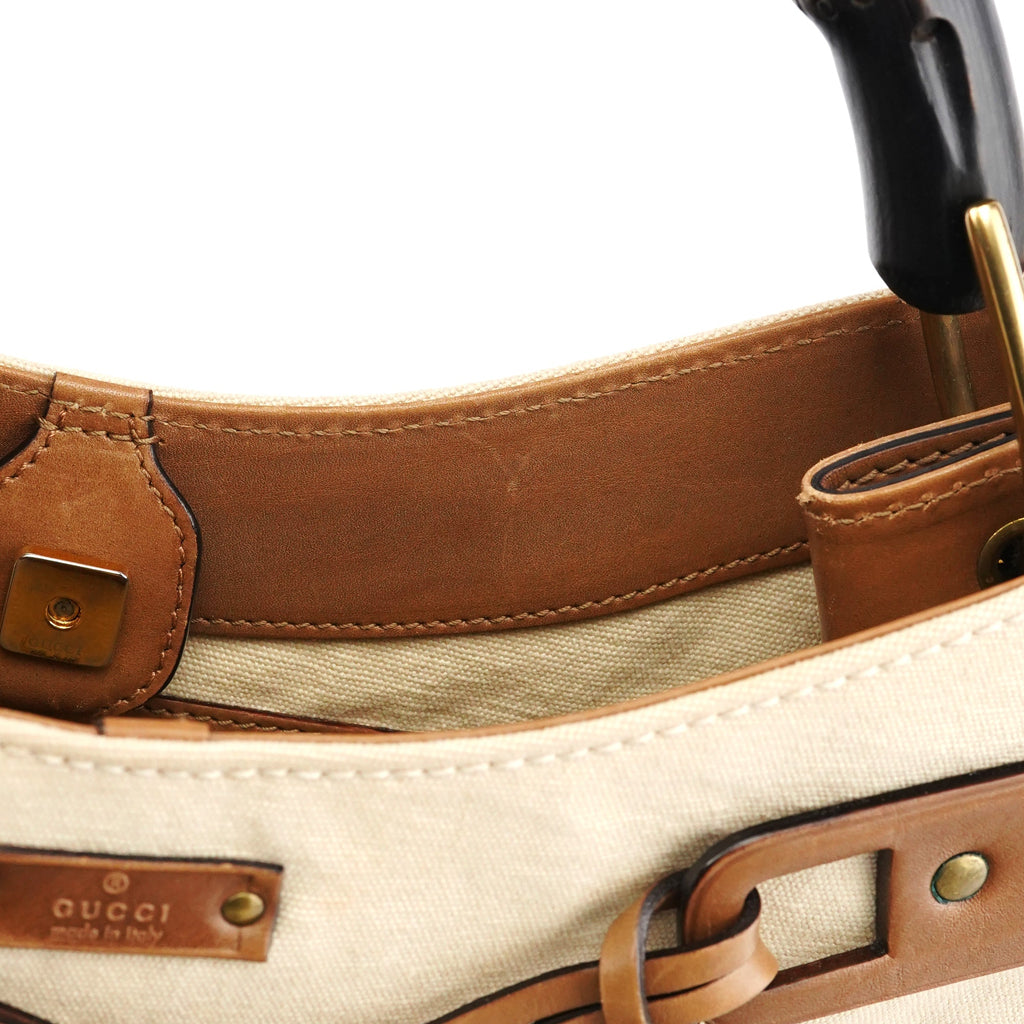 109136 Beige Canvas Bamboo Top Handle Bag