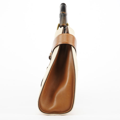 109136 Beige Canvas Bamboo Top Handle Bag