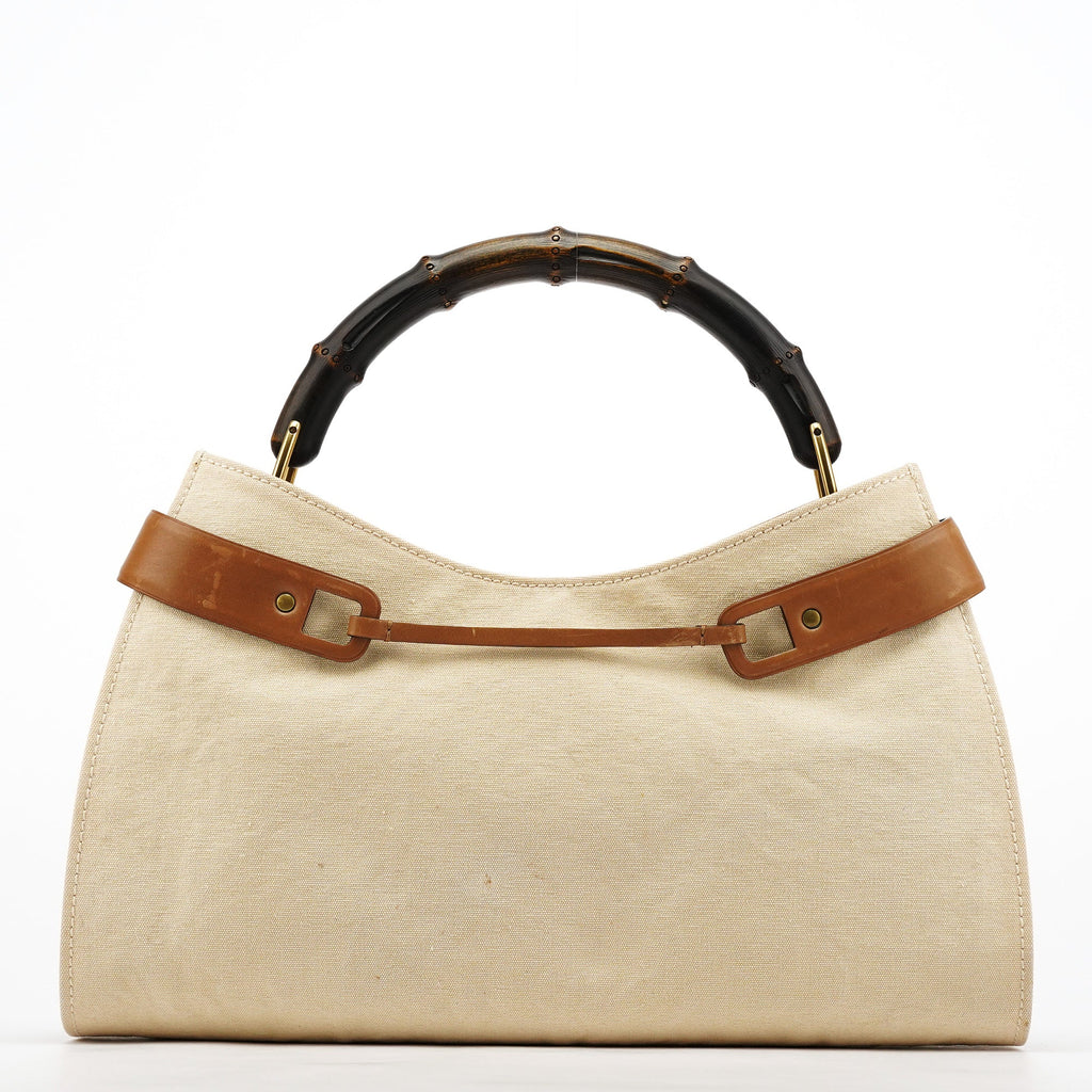 109136 Beige Canvas Bamboo Top Handle Bag