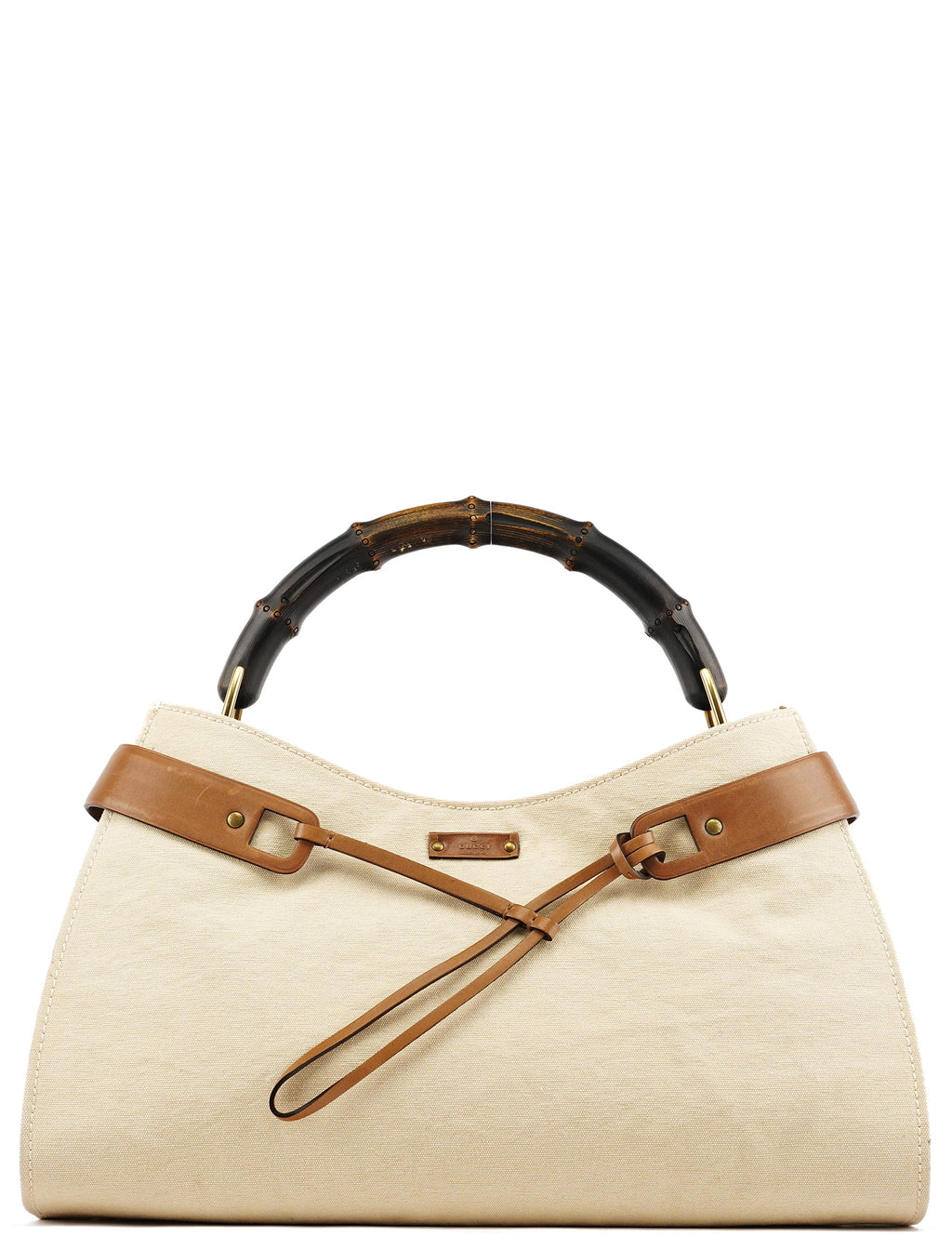 109136 Beige Canvas Bamboo Top Handle Bag